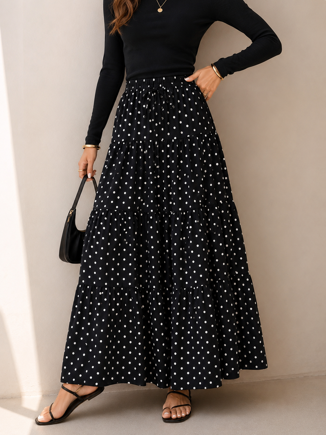 Boho Polka Dot Maxi Skirt-A-Line Tiered Polka Skirt