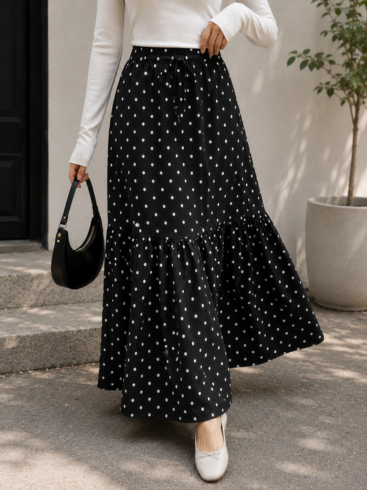 Ruffle Hem Polka Dot Skirt-High-Waist Long Maxi Skirt