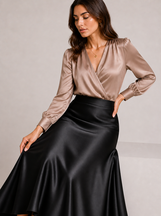 High-Waist Full-Length Satin Skirt in Black – Elegant Fish Tail Flow Design