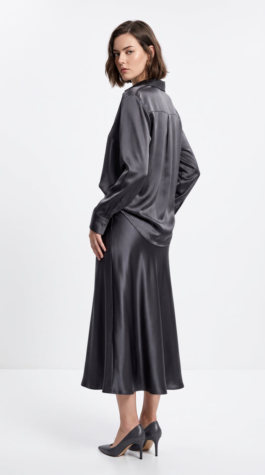 Women’s Satin Shirt & Long Skirt Set – Elegant Charcoal Grey Two-Piece Outfit