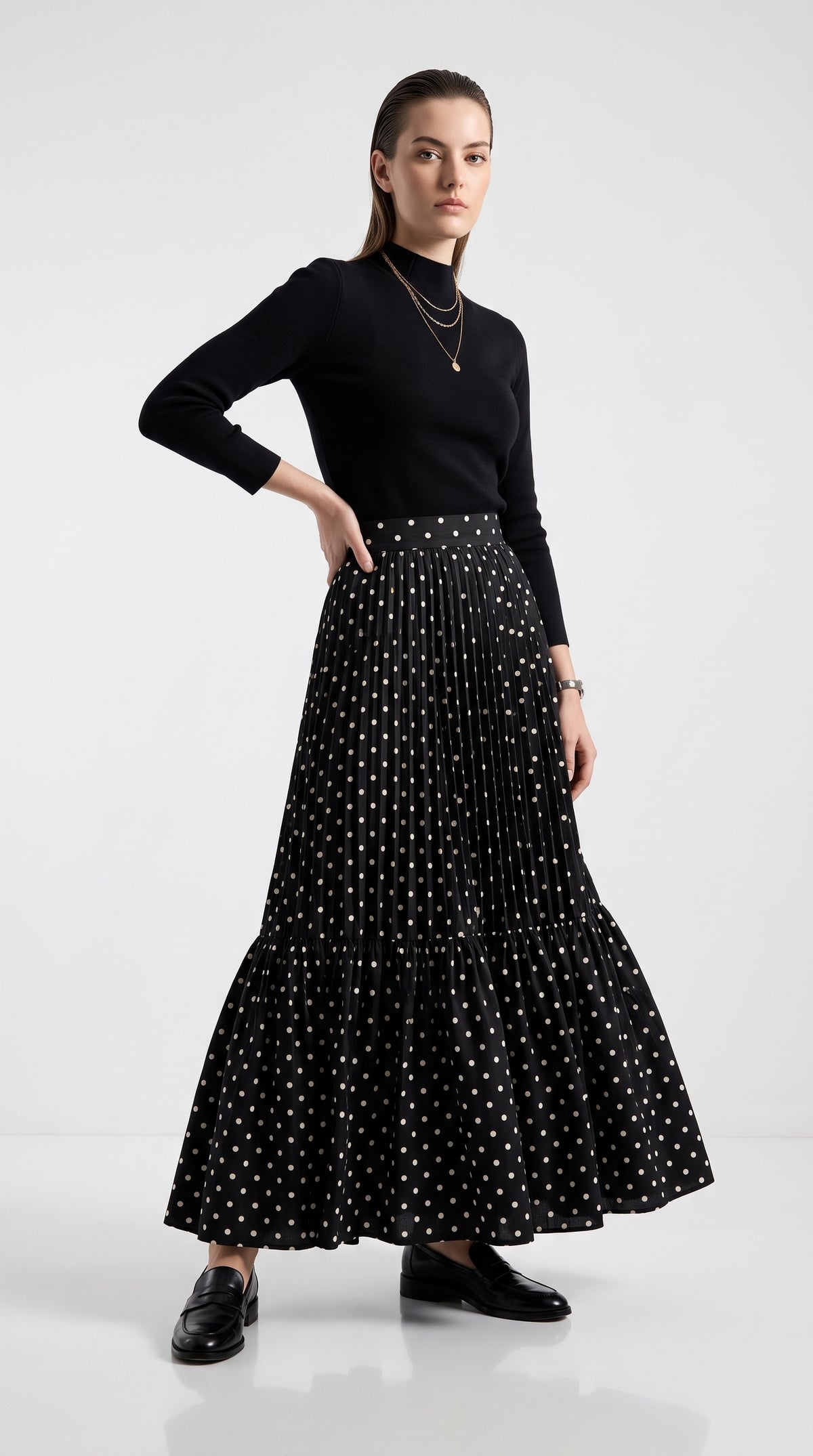 Ruffle Hem Polka Dot Skirt-High-Waist Long Maxi Skirt