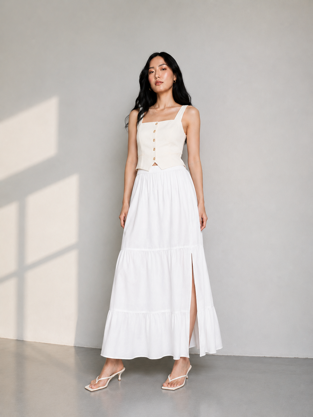 Mid-Calf Solid Color Elastic Waist Ruffle Hem Layered Skirt-white