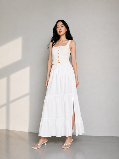 Mid-Calf Solid Color Elastic Waist Ruffle Hem Layered Skirt-white