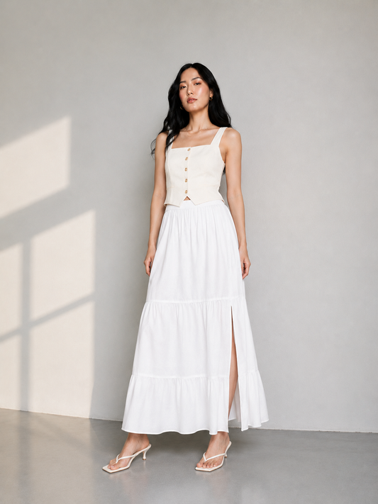 Mid-Calf Solid Color Elastic Waist Ruffle Hem Layered Skirt-white