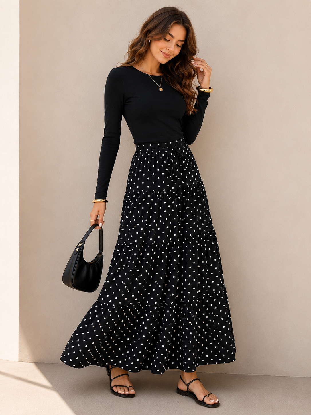 Boho Polka Dot Maxi Skirt-A-Line Tiered Polka Skirt