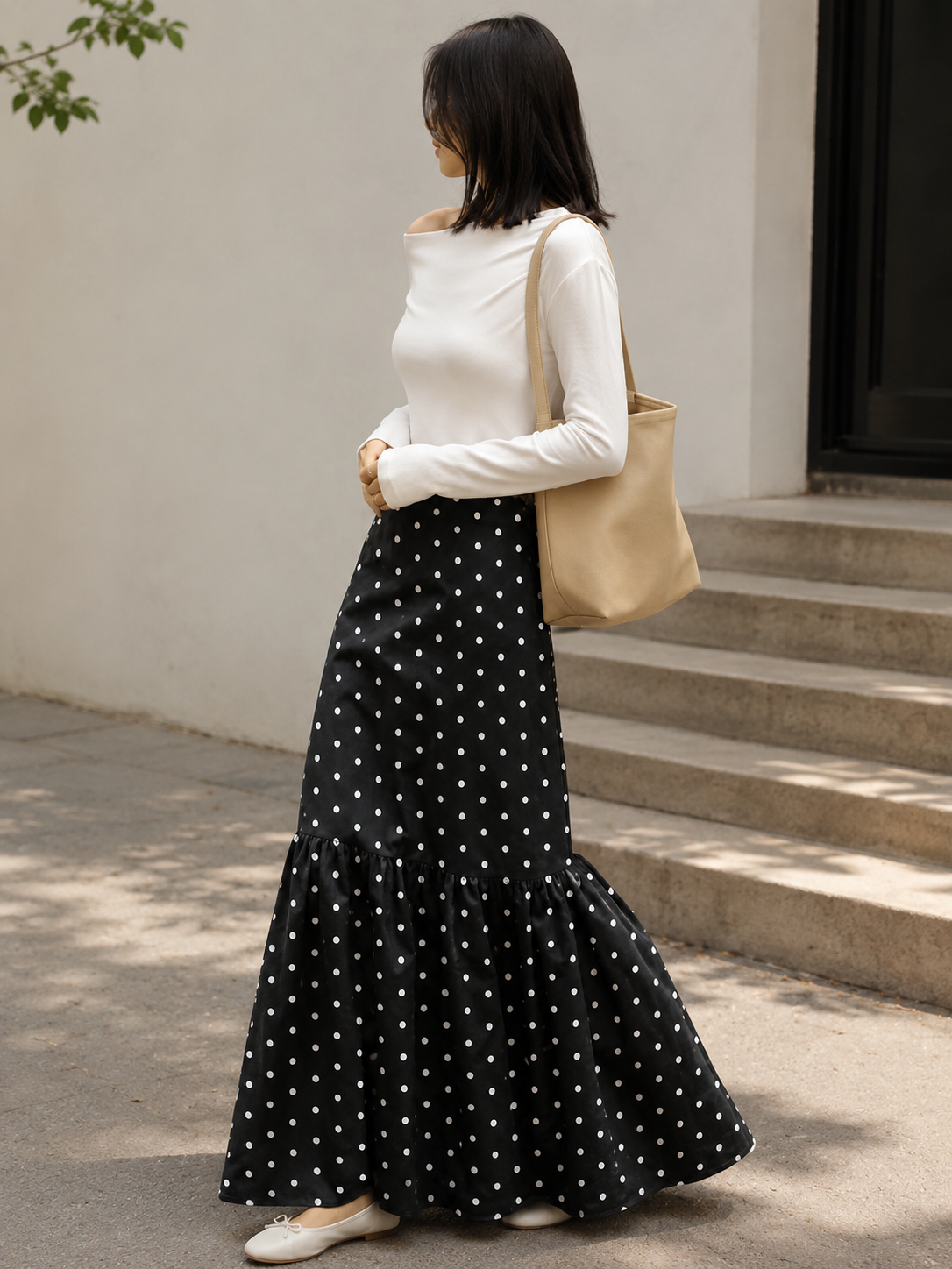 Ruffle Hem Polka Dot Skirt-High-Waist Long Maxi Skirt
