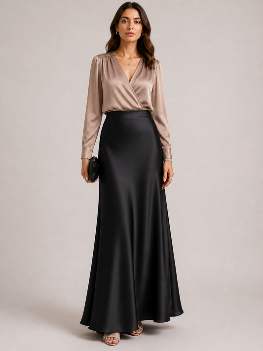 High-Waist Full-Length Satin Skirt in Black  – Elegant Fish Tail Flow Design