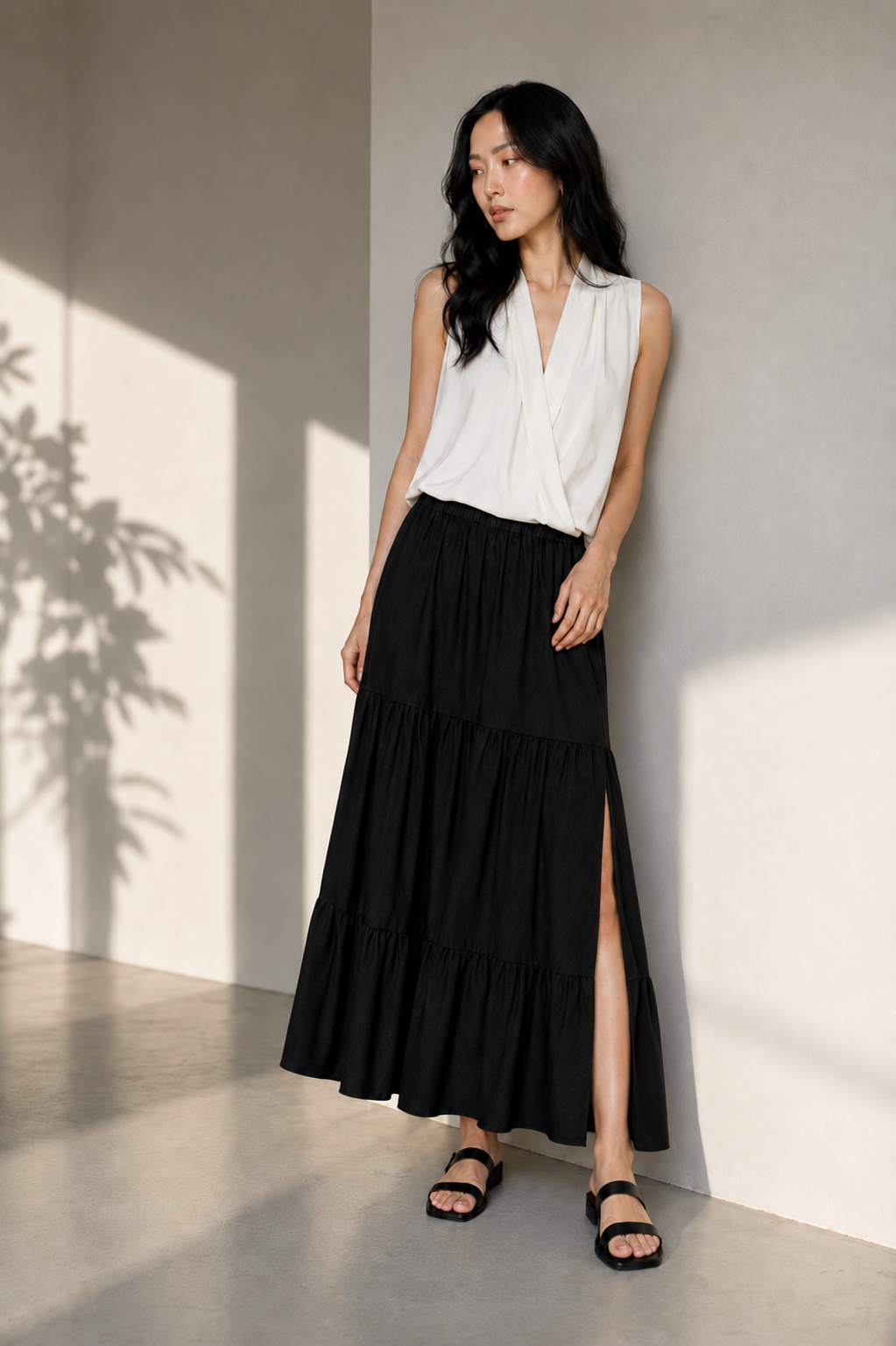 Mid-Calf Solid Color Elastic Waist Ruffle Hem Layered Skirt-Black