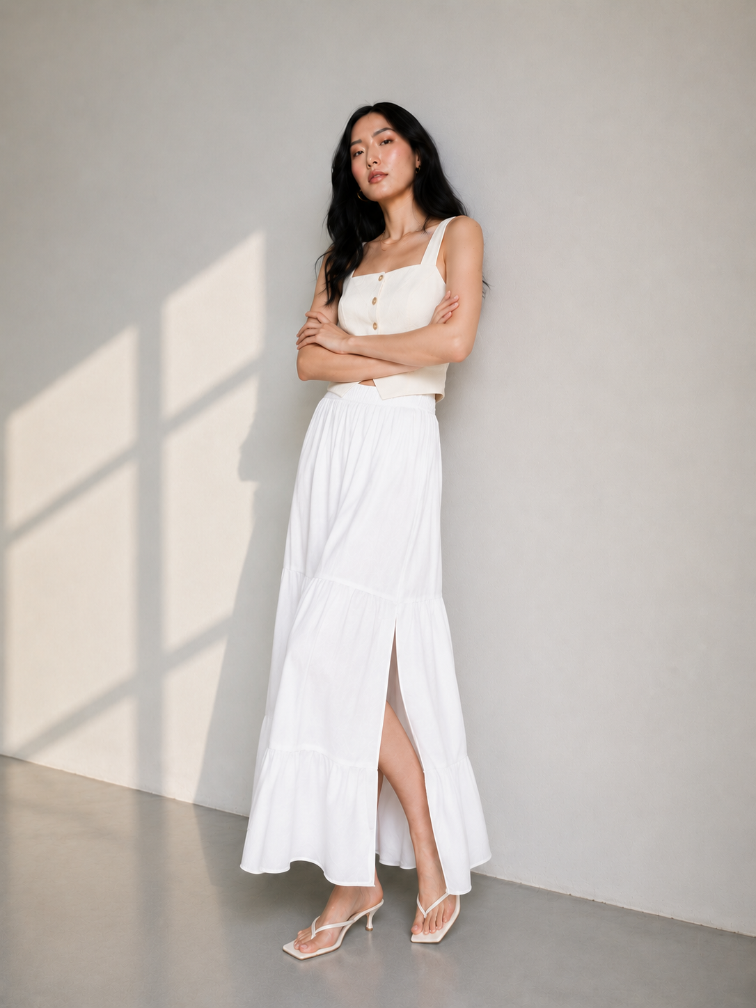 Mid-Calf Solid Color Elastic Waist Ruffle Hem Layered Skirt-white