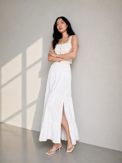 Mid-Calf Solid Color Elastic Waist Ruffle Hem Layered Skirt-white