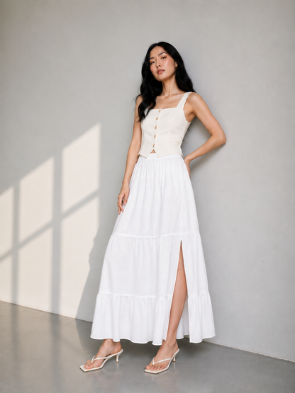 Mid-Calf Solid Color Elastic Waist Ruffle Hem Layered Skirt-white