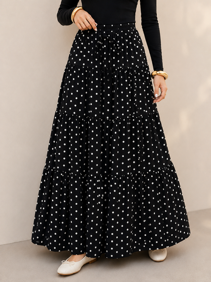 Boho Polka Dot Maxi Skirt-A-Line Tiered Polka Skirt