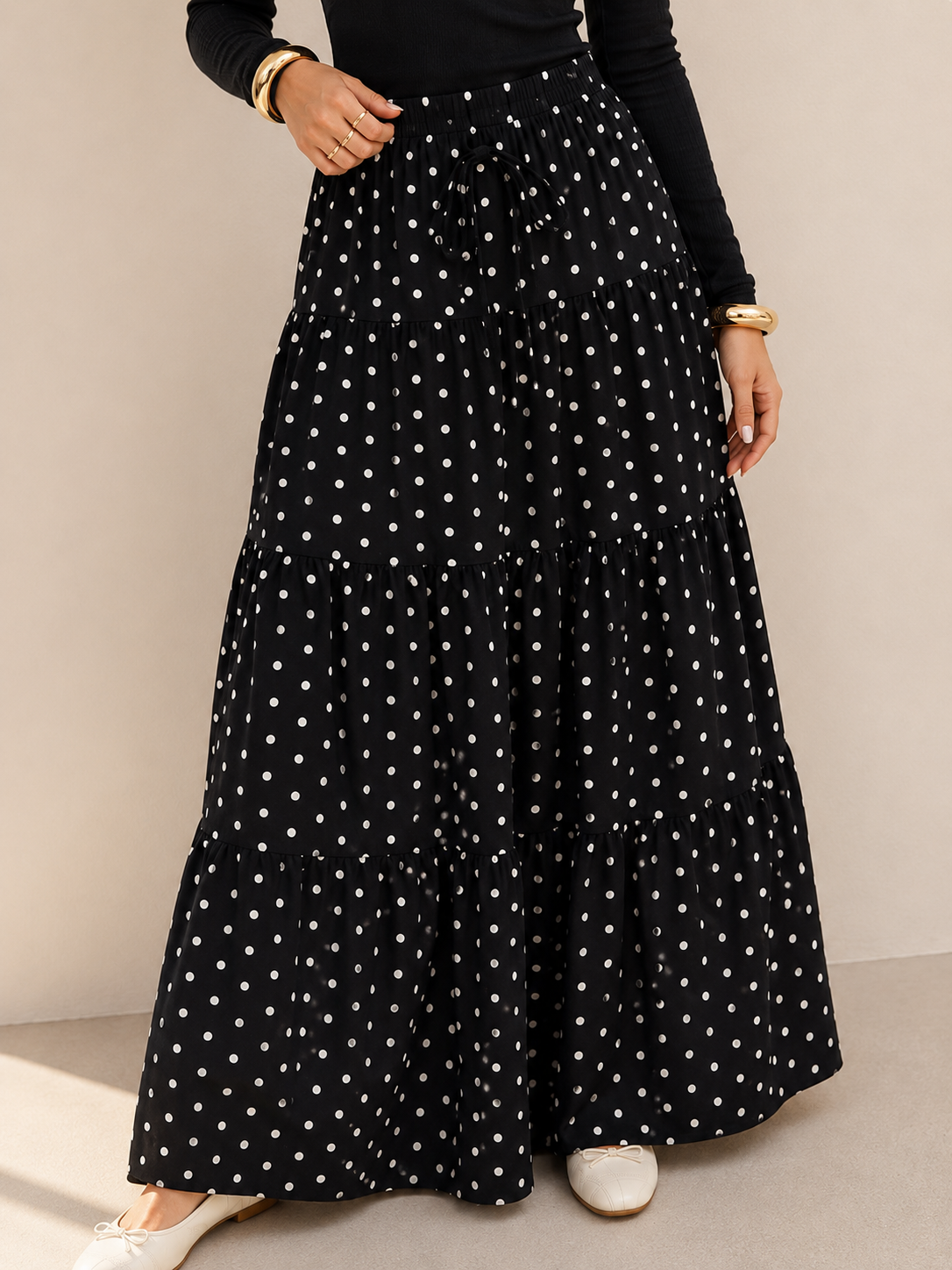 Boho Polka Dot Maxi Skirt-A-Line Tiered Polka Skirt