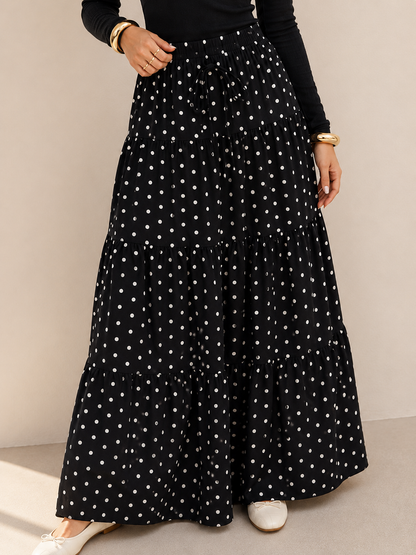 Boho Polka Dot Maxi Skirt-A-Line Tiered Polka Skirt