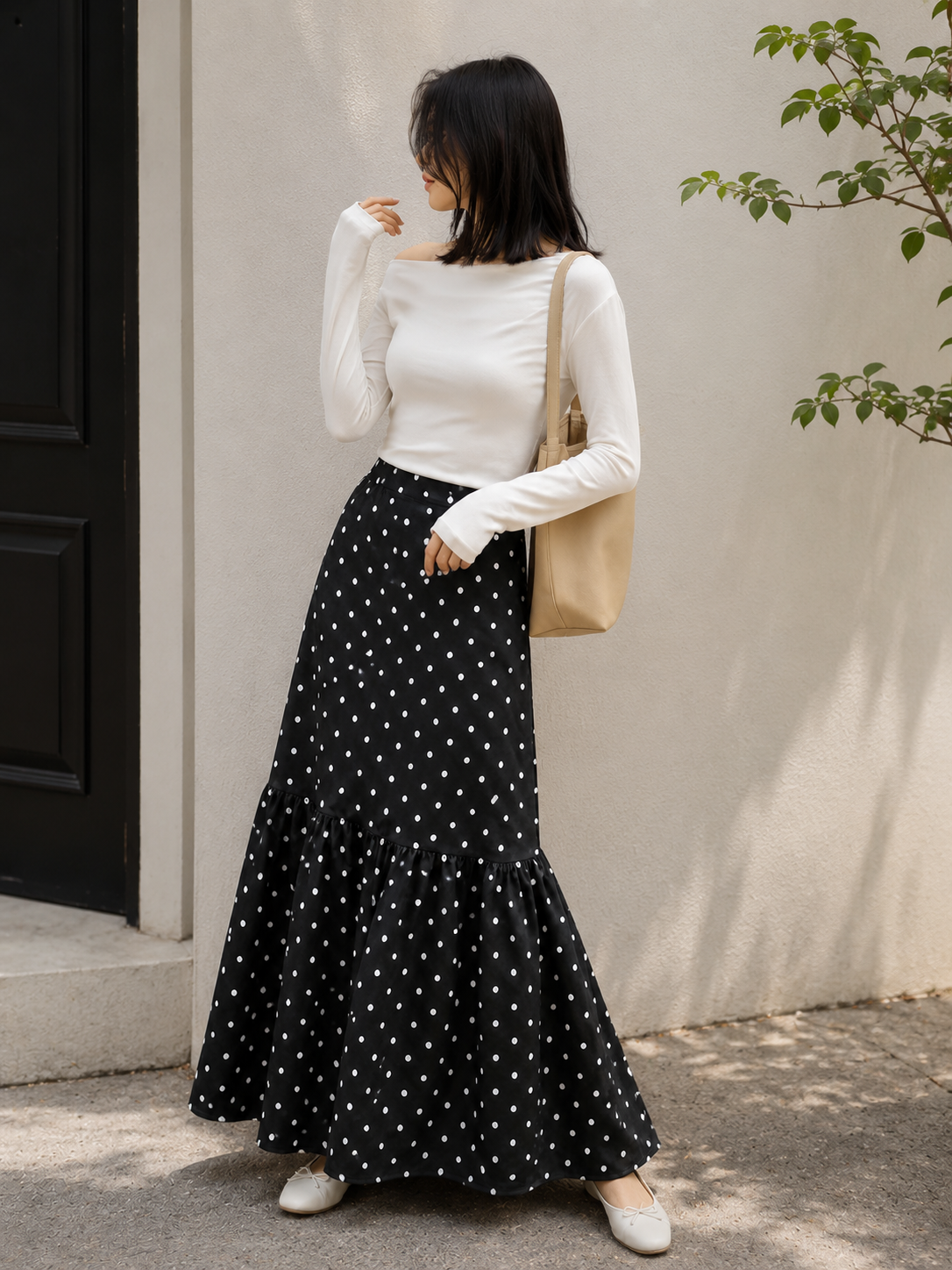 Ruffle Hem Polka Dot Skirt-High-Waist Long Maxi Skirt