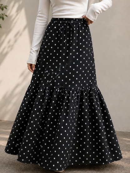 Ruffle Hem Polka Dot Skirt-High-Waist Long Maxi Skirt