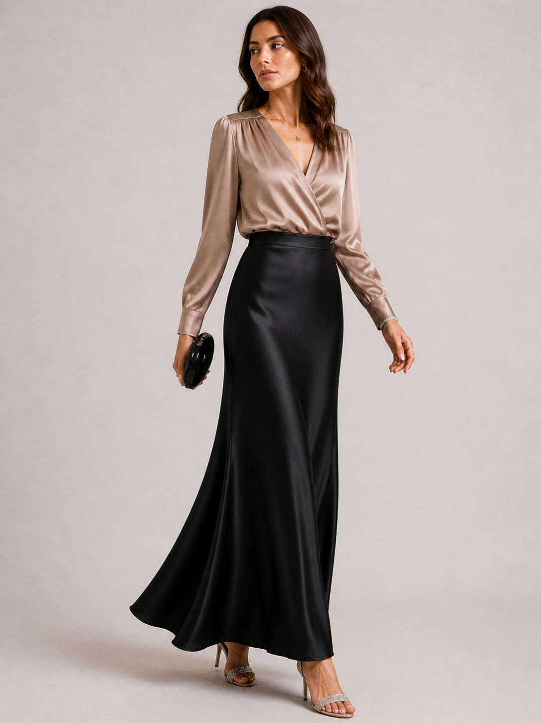 High-Waist Full-Length Satin Skirt in Black  – Elegant Fish Tail Flow Design