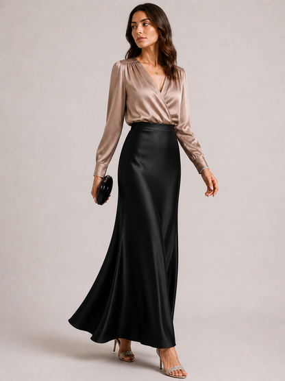 High-Waist Full-Length Satin Skirt in Black  – Elegant Fish Tail Flow Design