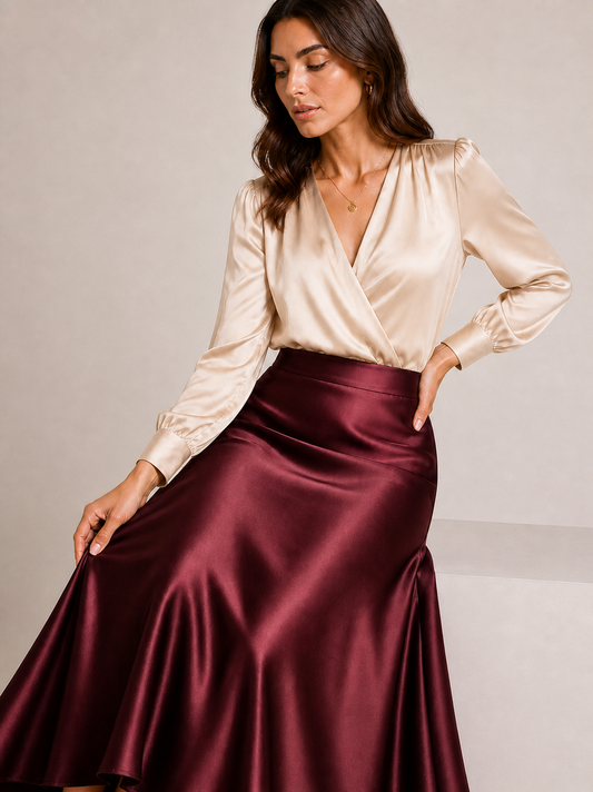 Women’s Flowing Satin Skirt – Full-Length Elegant Formal Wear in Maroon