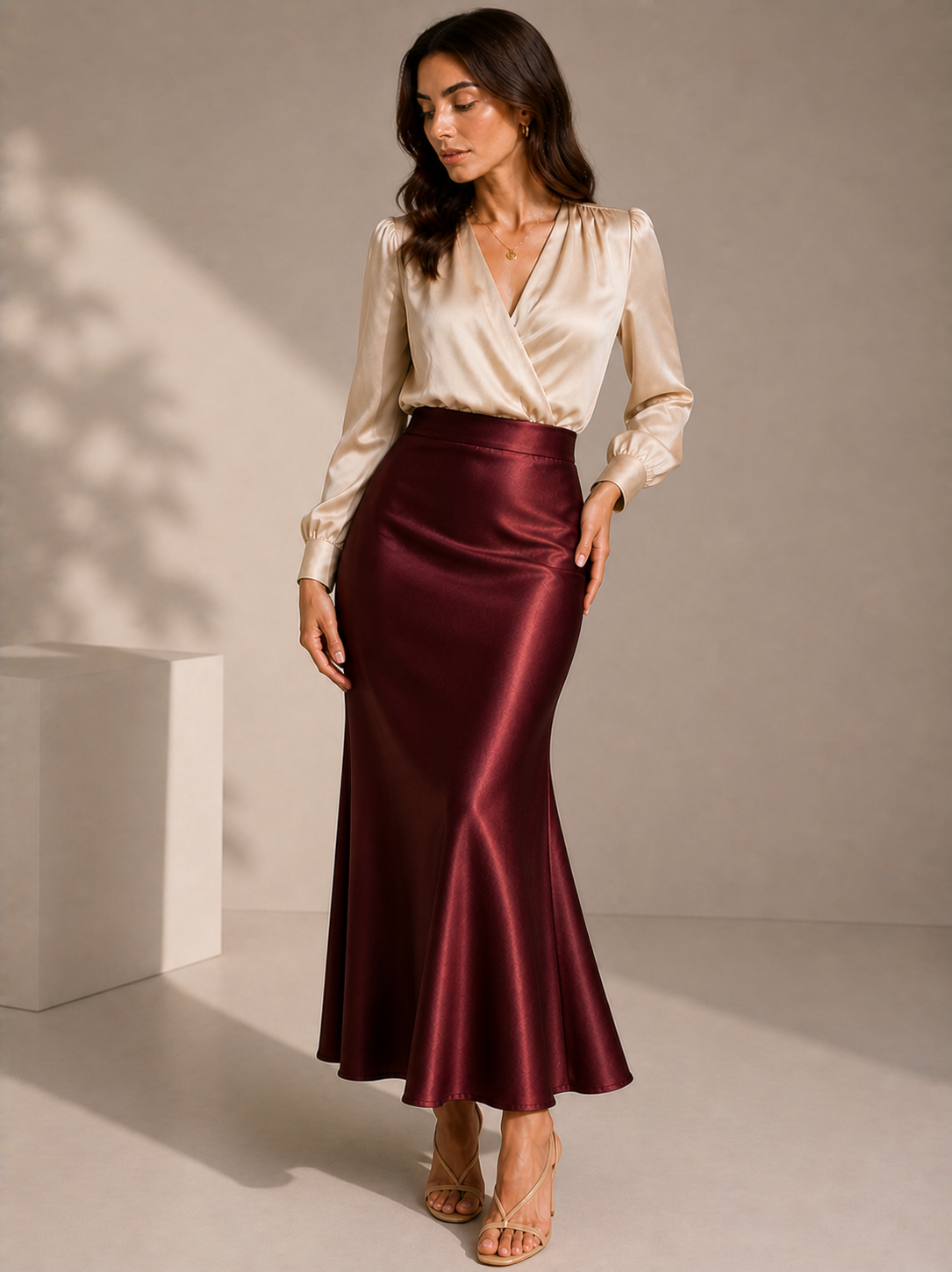Women’s Flowing Satin Skirt – Full-Length Elegant Formal Wear in Maroon