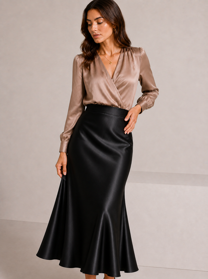 High-Waist Full-Length Satin Skirt in Black  – Elegant Fish Tail Flow Design