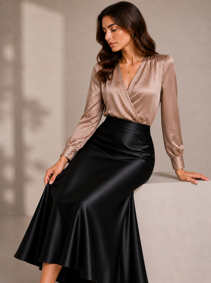 High-Waist Full-Length Satin Skirt in Black  – Elegant Fish Tail Flow Design