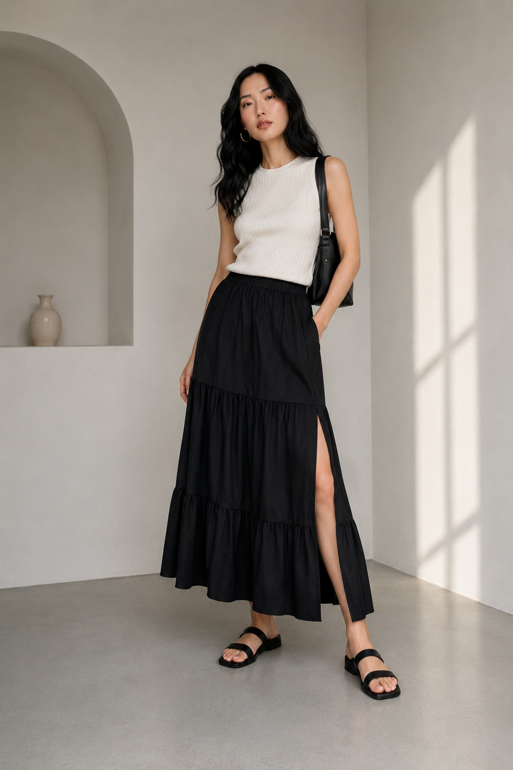 Mid-Calf Solid Color Elastic Waist Ruffle Hem Layered Skirt-Black
