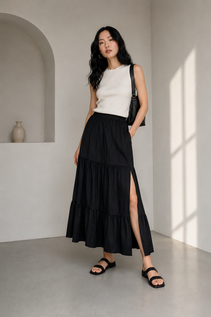 Mid-Calf Solid Color Elastic Waist Ruffle Hem Layered Skirt-Black