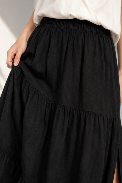 Mid-Calf Solid Color Elastic Waist Ruffle Hem Layered Skirt-Black