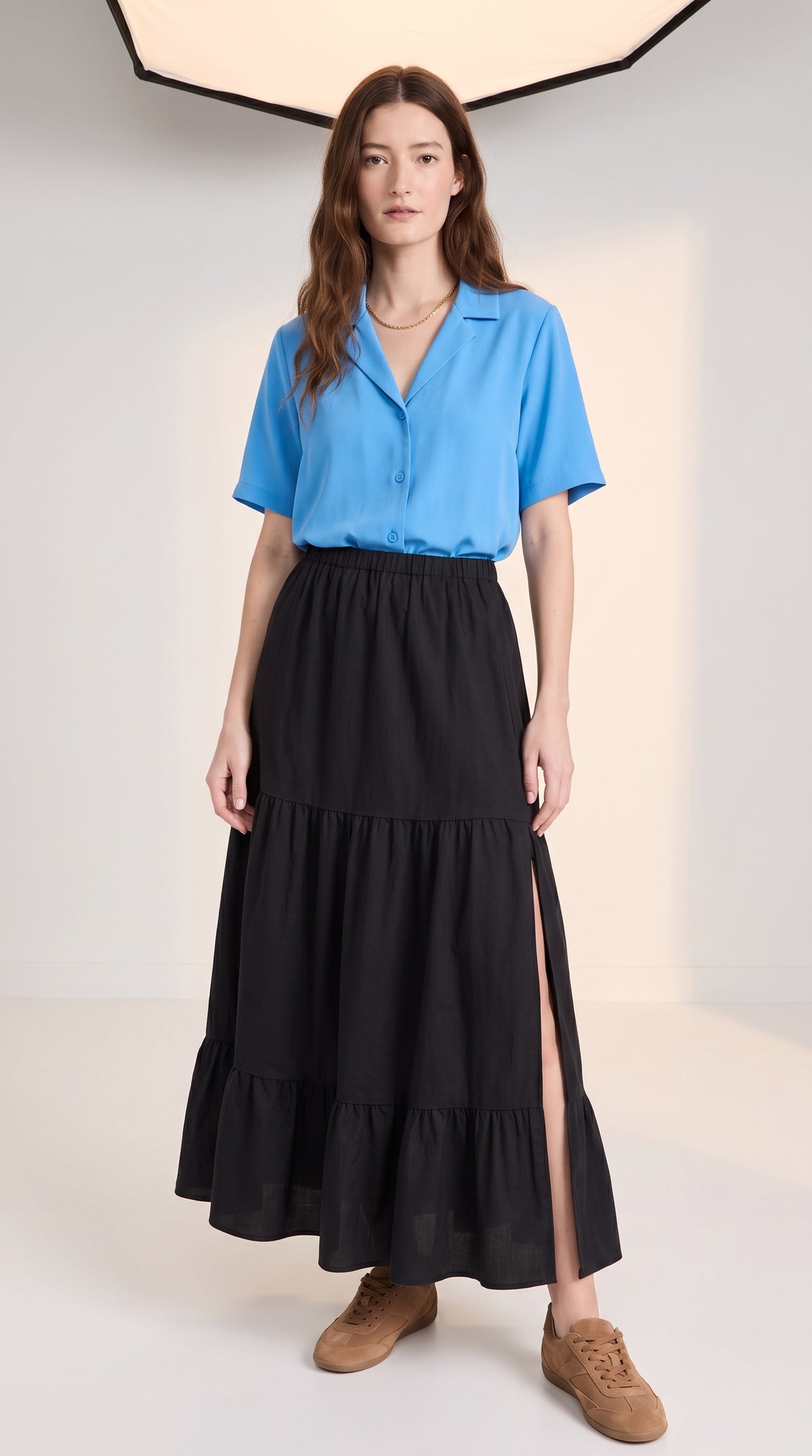 Mid-Calf Solid Color Elastic Waist Ruffle Hem Layered Skirt-Black