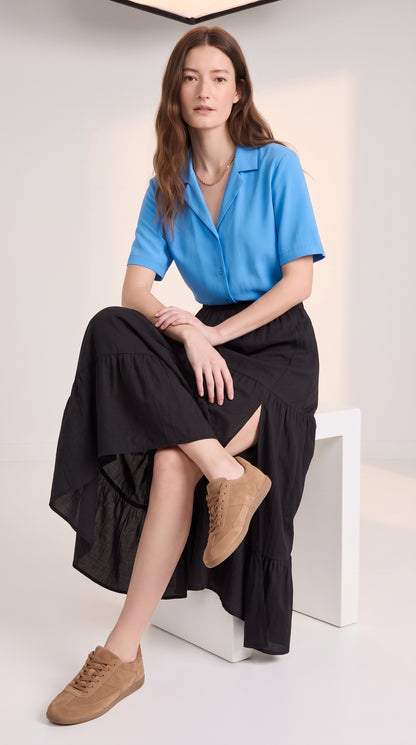 Mid-Calf Solid Color Elastic Waist Ruffle Hem Layered Skirt-Black