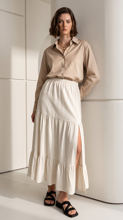 Mid-Calf Solid Color Elastic Waist Ruffle Hem Layered Skirt-white