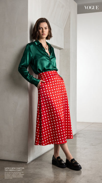 Red Polka Dot A-Line long Skirt – Non-Stretch Satin Silk