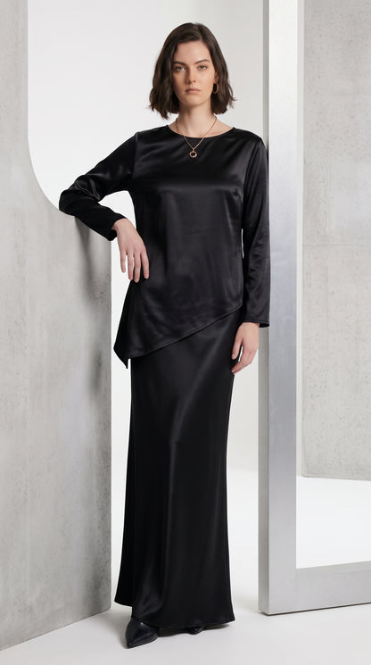 Luxe Satin Asymmetric Top & Maxi Skirt Set- Black Co-Ord Set