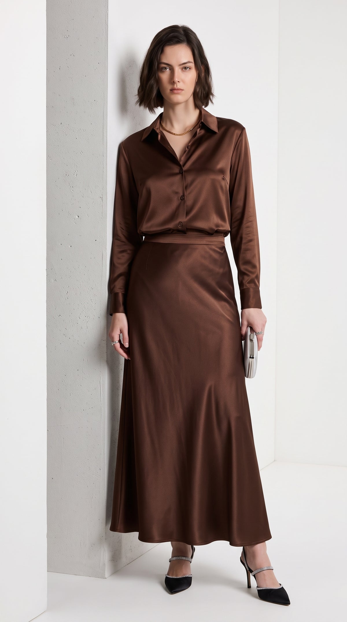 Brown Satin Silk Shirt & Maxi Skirt Co-Ord Set – Elegant Two-Piece Outfit