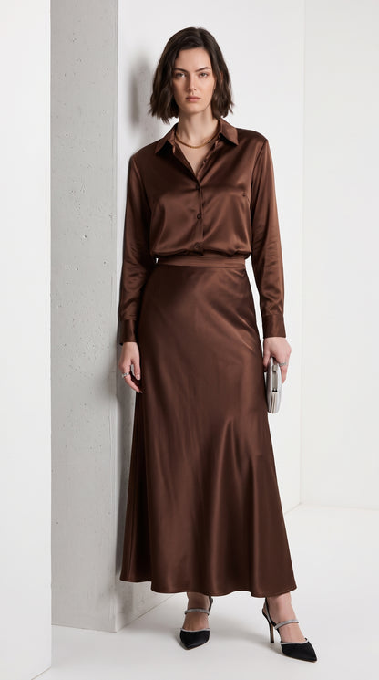 Brown Satin Silk Shirt & Maxi Skirt Co-Ord Set – Elegant Two-Piece Outfit