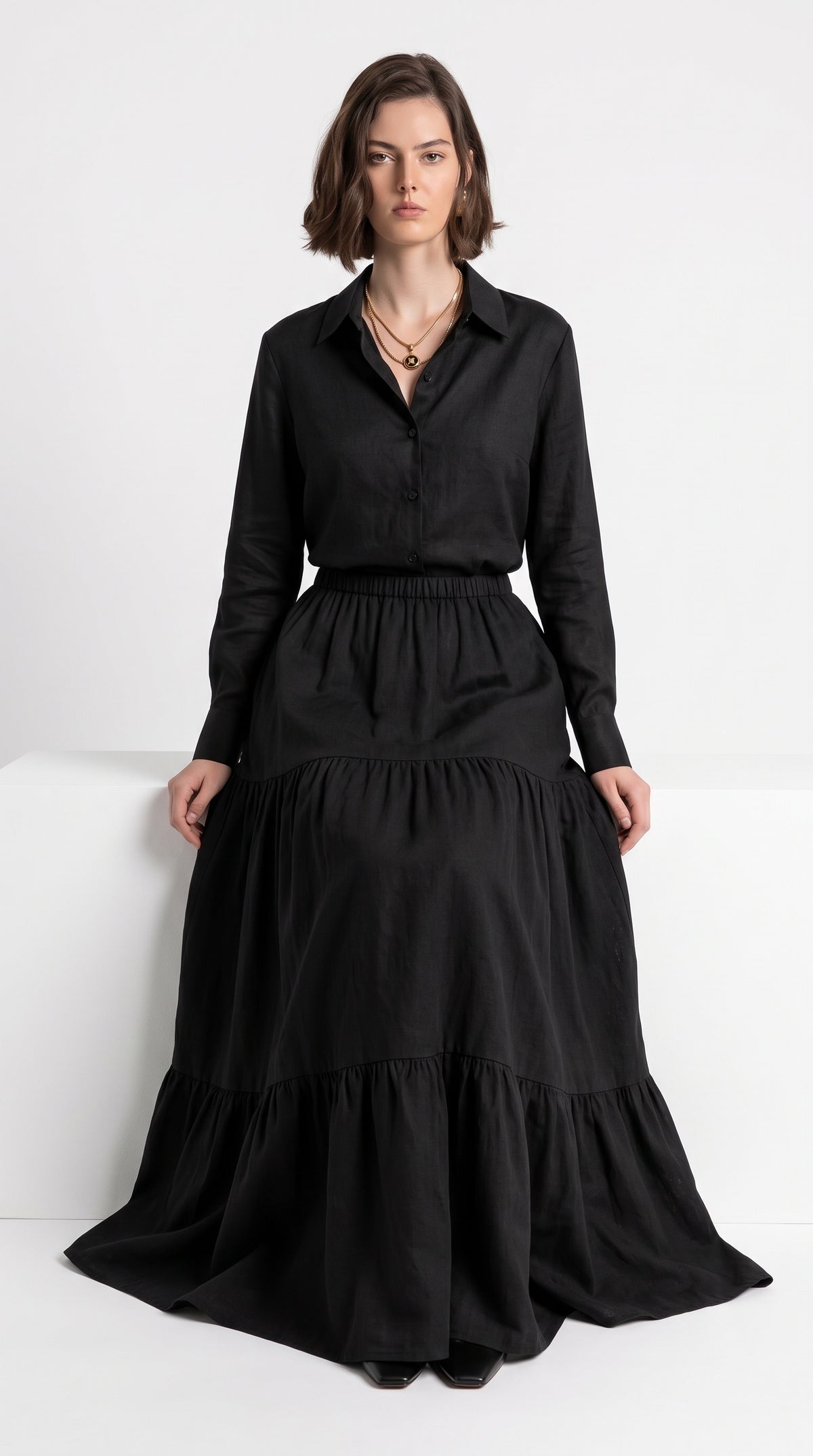 Women’s Black Shirt & Tiered Maxi Skirt Set – Elegant Two-Piece Outfit