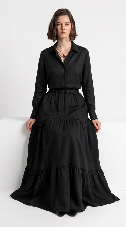 Women’s Black Shirt & Tiered Maxi Skirt Set – Elegant Two-Piece Outfit