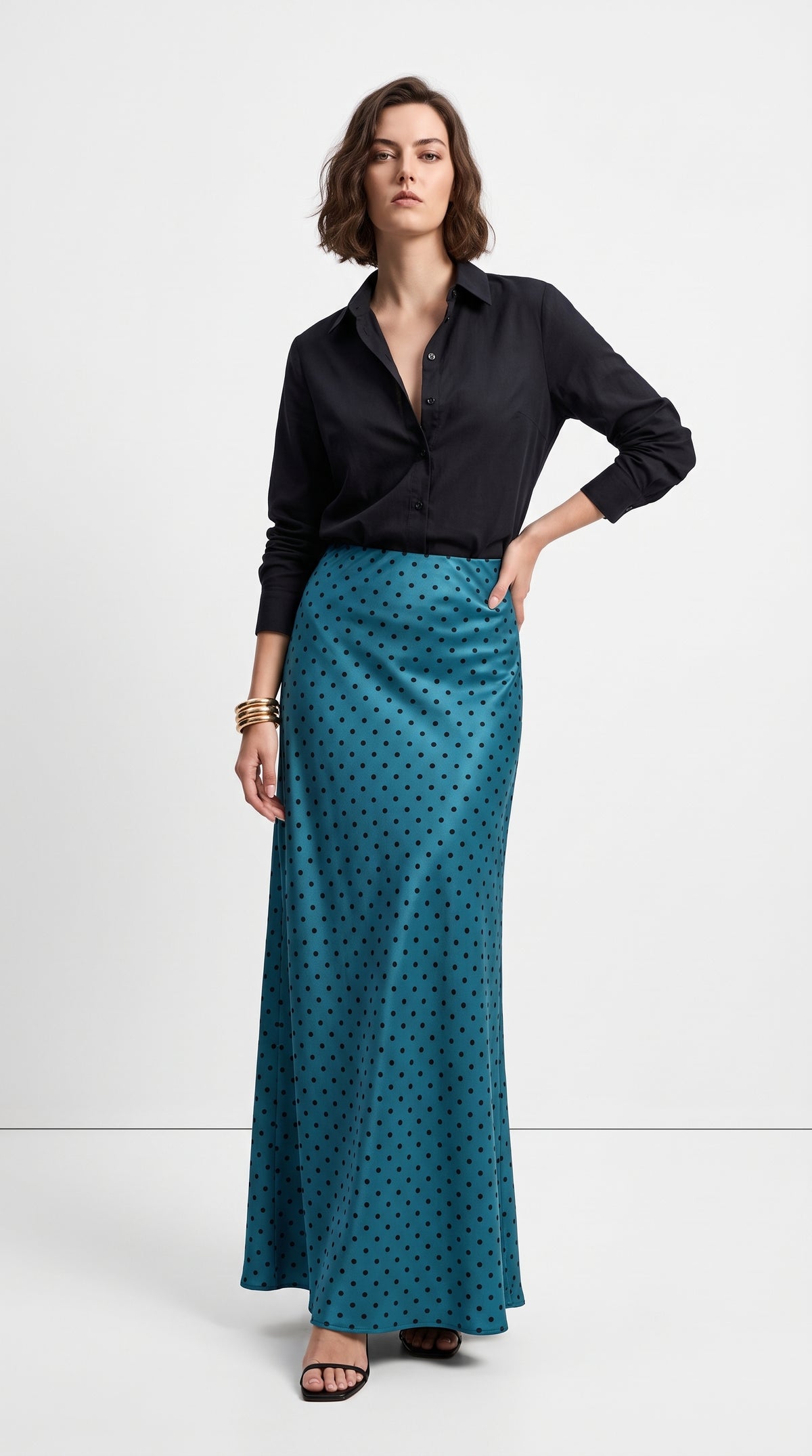 Women’s petroleum blue Polka Dot Maxi Skirt – A-Line Non-Stretch Satin Silk Skirt