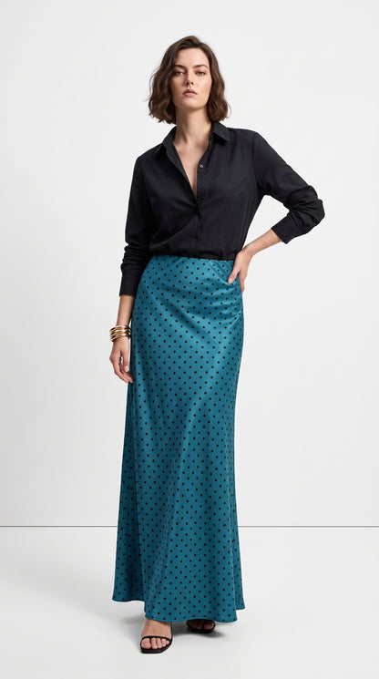 Women’s petroleum blue Polka Dot Maxi Skirt – A-Line Non-Stretch Satin Silk Skirt