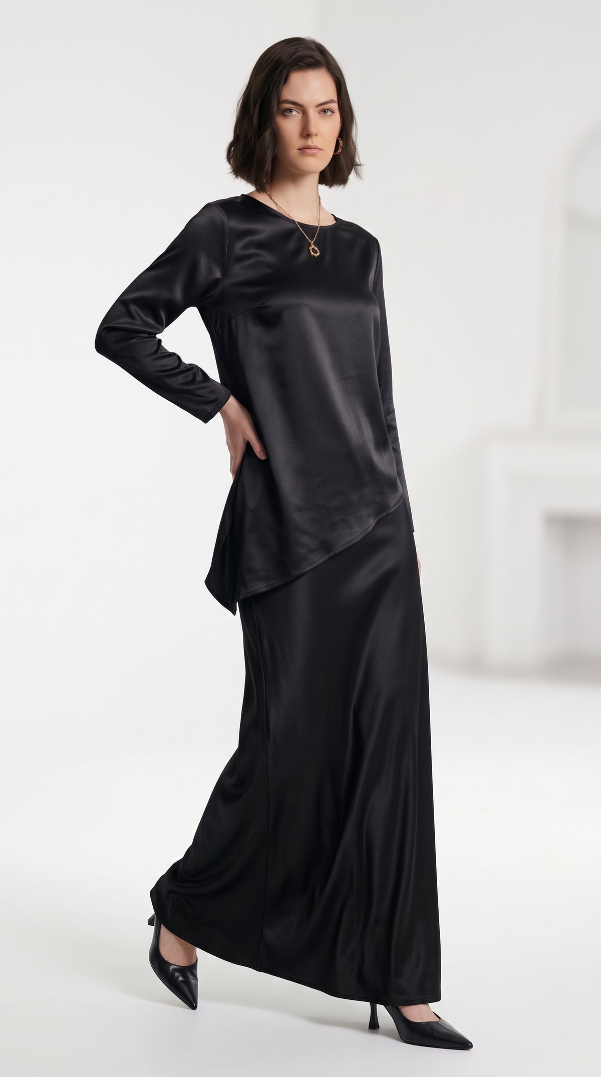 Luxe Satin Asymmetric Top & Maxi Skirt Set- Black Co-Ord Set