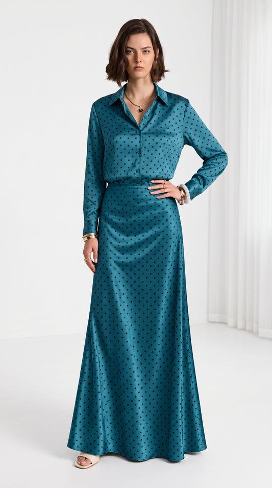 Petroleum Blue Polka Dot Co-Ord Set for Women – Satin Shirt & Full-Length Maxi Skirt