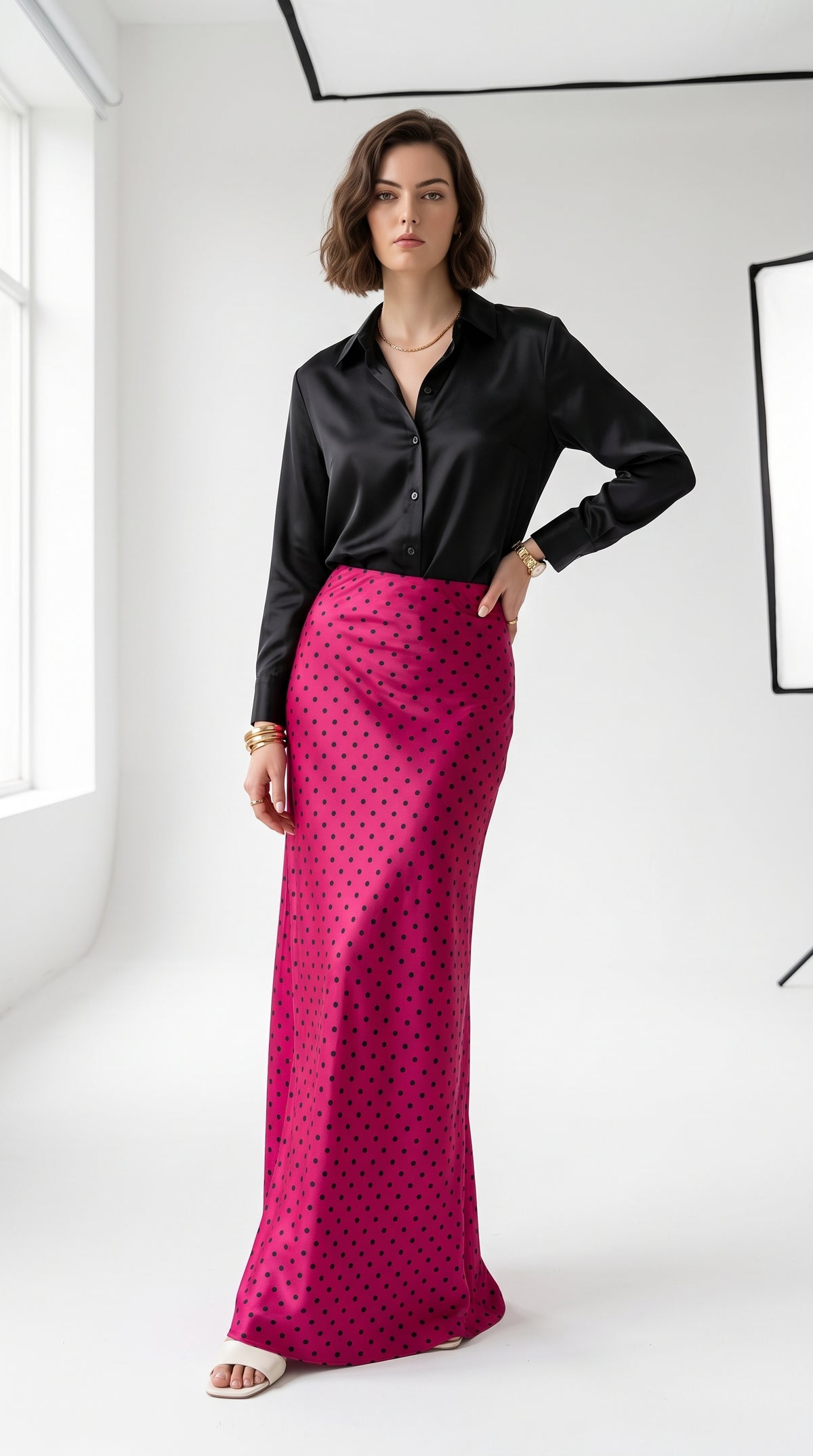 Women’s Red Polka Dot Long Maxi Skirt – Non-Stretch Satin Silk