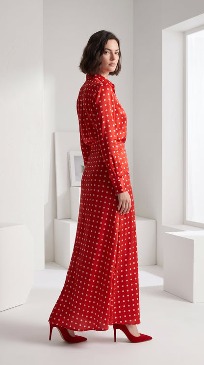 Red Polka Dot Satin Silk Shirt & Skirt Co-Ord Set