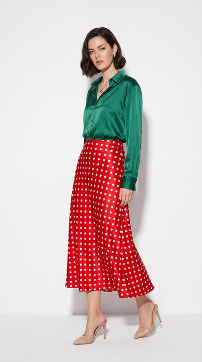 Red Polka Dot A-Line long Skirt – Non-Stretch Satin Silk