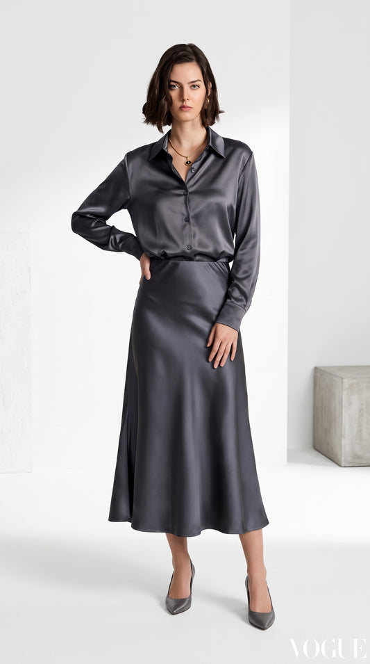 Women’s Satin Shirt & Long Skirt Set – Elegant Charcoal Grey Two-Piece Outfit