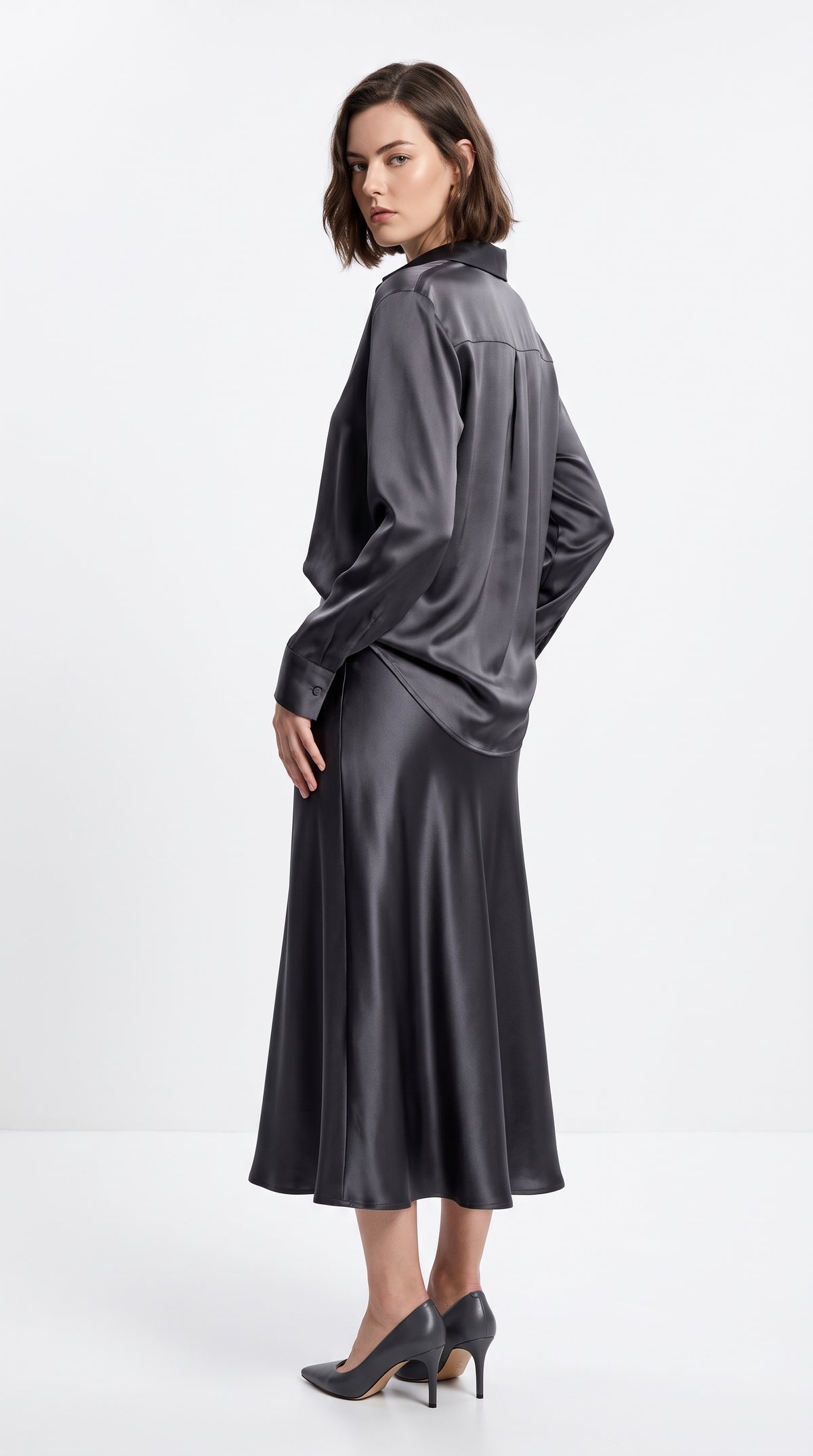 Women’s Satin Shirt & Long Skirt Set – Elegant Charcoal Grey Two-Piece Outfit