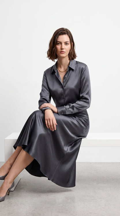 Women’s Satin Shirt & Long Skirt Set – Elegant Charcoal Grey Two-Piece Outfit