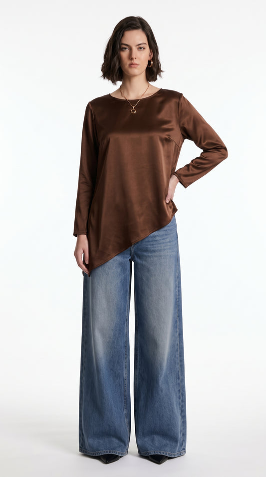 Brown Satin Texture Asymmetric Hem Long Sleeve Top