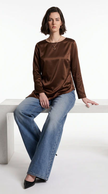 Brown Satin Texture Asymmetric Hem Long Sleeve Top